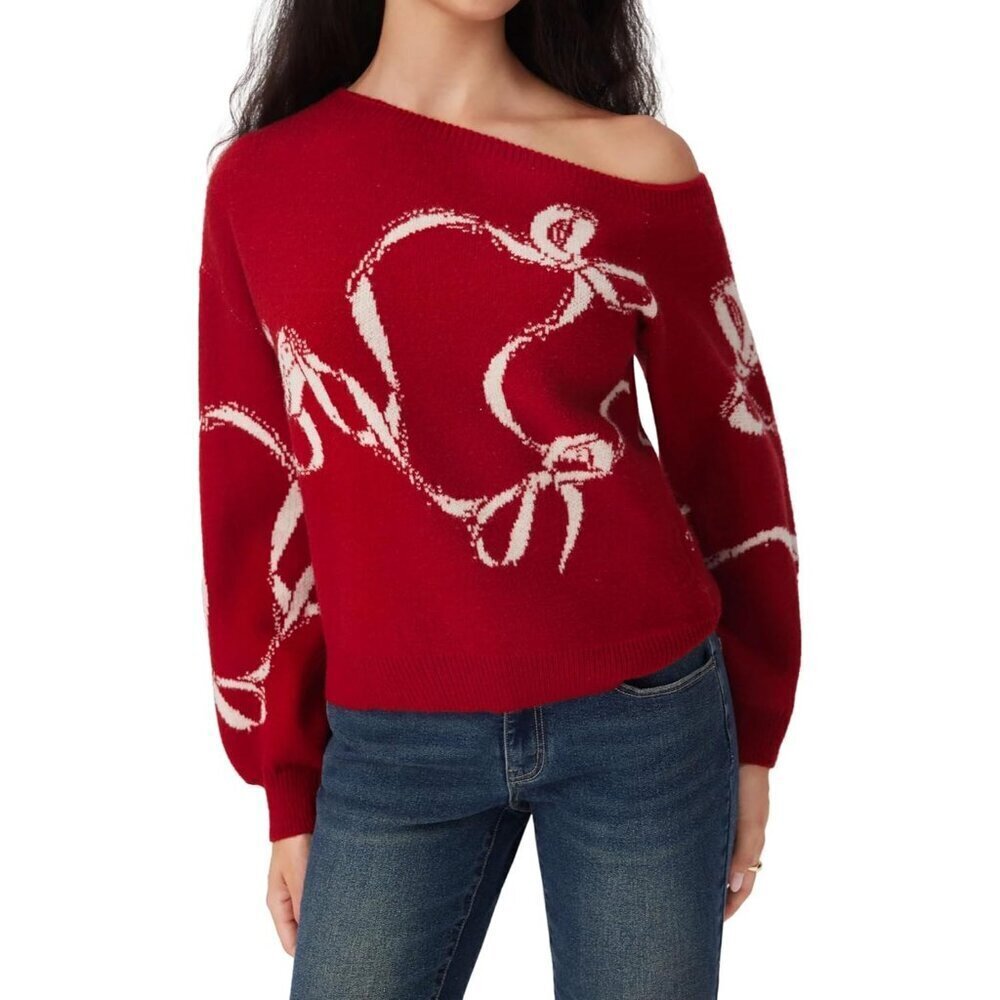 🆕Women’s Red CIDER One Shoulder Bowknot Knit Pullover Sweater